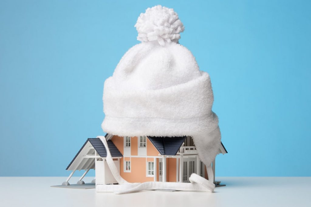 High resolution image of a miniature toy house fitted with a winter cap on top, on a plain white surface.