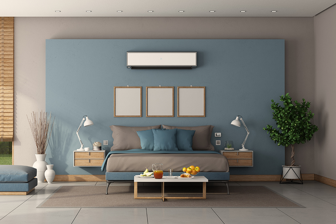 Modern master bedroom with minmalist double bed and air conditioner on blue wall - 3d rendering