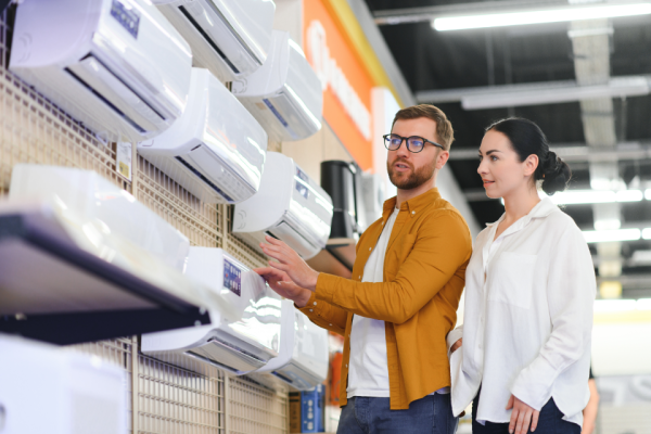 Young couple choosing between air conditioning units